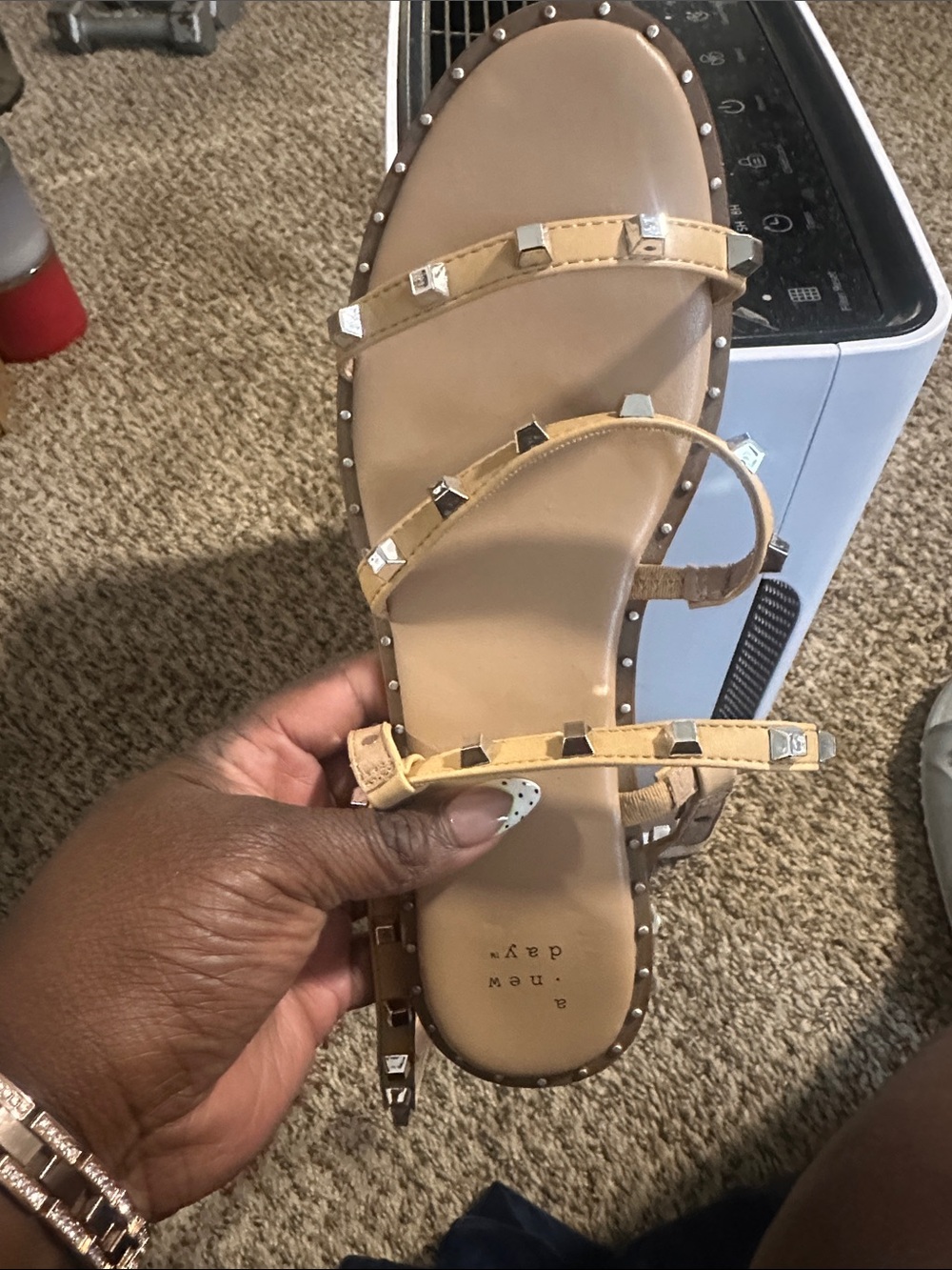 Studded Tan Strappy Flat Sandals - Women